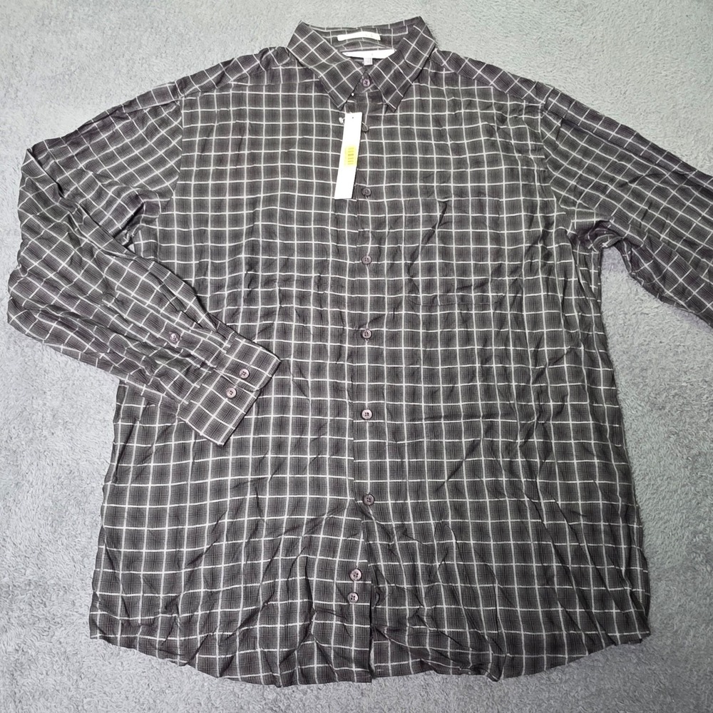 Perry Ellis Mens L Button Down Shirt Black White Grid Rayon Long Sleeve MK2942